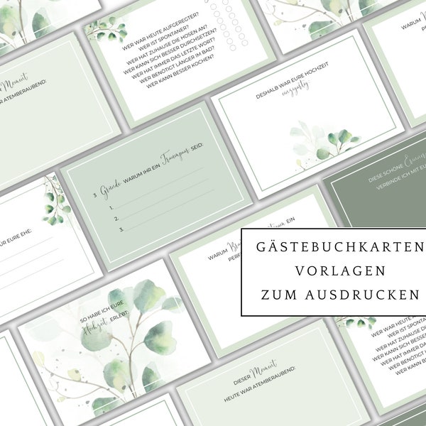 Gästebuchkarten Hochzeit, DIY-Gästebuch zur Hochzeit, Eukalyptus, Greenery Hochzeit, 16 verschiedene Karten so oft ausdrucken wie du magst