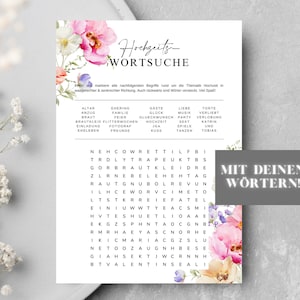 Hochzeitsspiel mit Blumen design, Hochzeitskreuzworträtsel mit eigenen Worten, personalisiertes Kreuzworträtsel zur Hochzeit