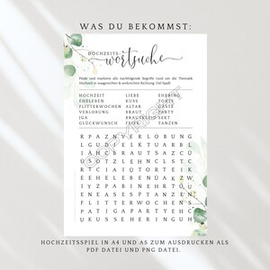 Puede incluir: Un rompecabezas de b&uacute;squeda de palabras de boda imprimible con un fondo verde frondoso. El rompecabezas incluye palabras relacionadas con las bodas, como "amor", "boda", "beso" y "fiesta".
