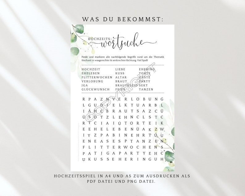 Puede incluir: Un rompecabezas de b&uacute;squeda de palabras de boda imprimible con un fondo verde frondoso. El rompecabezas incluye palabras relacionadas con las bodas, como "amor", "boda", "beso" y "fiesta".