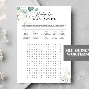 Eukalyptus und gold Hochzeitsspiel, Hochzeitskreuzworträtsel mit Namen des Brautpaares, personalisiertes Kreuzworträtsel zur Hochzeit