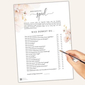 Hochzeitsspiel Braut oder Bräutigam, Hochzeitsspiel download selber ausdrucken, Hochzeit Spiele für das Brautpaar, blush gold Kirschblüten