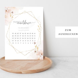 DIY bruiloft aftelkalender met kersenbloesems om af te vinken, aftellen 50 en 30 dagen tot de bruiloft, zelf thuis printen, trouwkalender