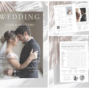 Modelo de programa de casamento em jornal, programa de cerimônia de casamento em jornal editável, programa de infográfico de casamento moderno, download instantâneo