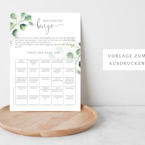 Hochzeitsbingo, Hochzeitsspiel, Spiel für Brautpaar und Gäste, als PDF zum Selbstausdruck, mit edlem Eukalyptus