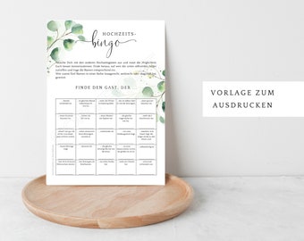 Wedding bingo, wedding game, game for the bride and groom and guests, as a PDF for self-printing, with elegant eucalyptus