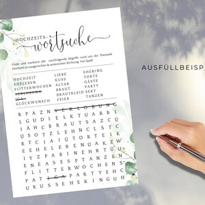 Puede incluir: Un juego de b&uacute;squeda de palabras de boda imprimible con un dise&ntilde;o floral verde. El juego incluye palabras relacionadas con las bodas, como "boda", "amor", "anillo" y "fiesta".