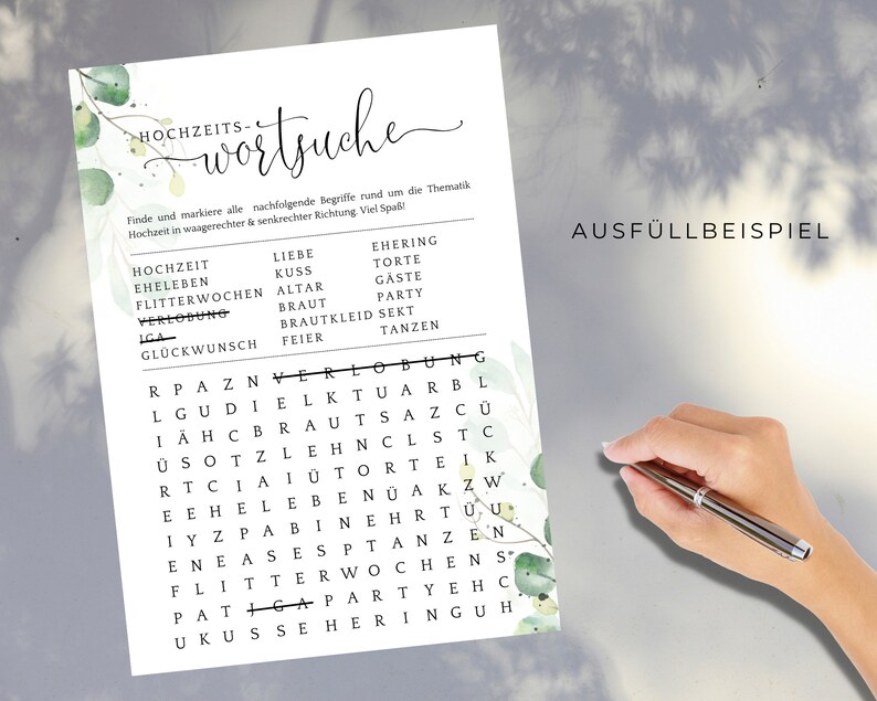Puede incluir: Un juego de b&uacute;squeda de palabras de boda imprimible con un dise&ntilde;o floral verde. El juego incluye palabras relacionadas con las bodas, como "boda", "amor", "anillo" y "fiesta".