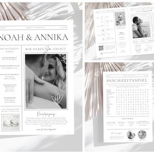 Programa de casamento minimalista, jornal de casamento, modelo digital editável, infográfico de casamento minimalista moderno, impressões digitais