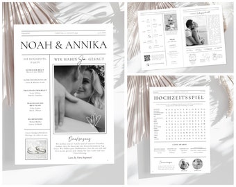 Puede incluir: Una plantilla de periódico de anuncio de boda con una foto en blanco y negro de una pareja, una lista de invitados a la boda y un juego de boda. El titular dice "Noah & Annika" y "Wir haben Ja gesagt".