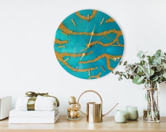 Wandklok van hars, 30 cm grote wandklok van epoxyhars, turquoise gouden woonkamerdecoratie, grote wandklok, bijzondere wandklok, uniek kunstwerk