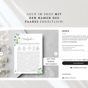 Puede incluir: Una descarga digital de un crucigrama de boda imprimible con un dise&ntilde;o de hojas verdes. El rompecabezas se titula "Hochzeit Wortsuche" e incluye los nombres de la pareja. El precio es de 10,12 euros.