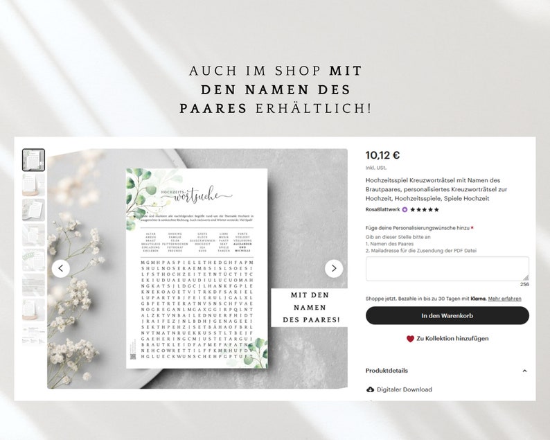 Puede incluir: Una descarga digital de un crucigrama de boda imprimible con un dise&ntilde;o de hojas verdes. El rompecabezas se titula "Hochzeit Wortsuche" e incluye los nombres de la pareja. El precio es de 10,12 euros.