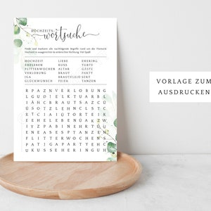 Puede incluir: Un rompecabezas de b&uacute;squeda de palabras de boda imprimible con un borde floral verde. El rompecabezas presenta palabras relacionadas con las bodas, como "boda", "amor", "novia" y "novio". El texto "VORLAGE ZUM AUSDRUCKEN" est&aacute; en la parte inferior de la p&aacute;gina.