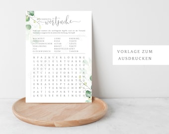 Juego de búsqueda de palabras para bodas, juego de adivinanzas para invitados, PDF imprimible, PDF autoimprimible con elegante eucalipto