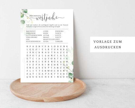 Hochzeitsspiel Wortsuche, Ratespiel Gäste, PDF zum selber ausdrucken, PDF Selbstdruck mit edlem Eukalyptus