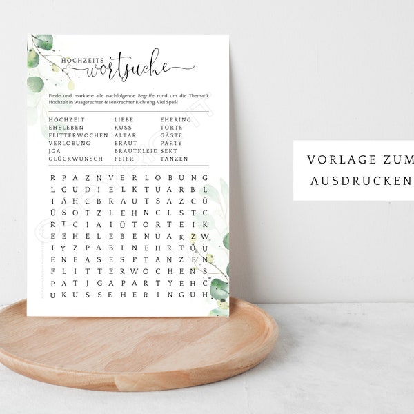 Wedding game word search, guessing game for guests, PDF to print out yourself, PDF self-print with elegant eucalyptus
