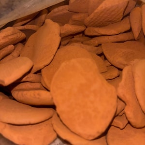 May include: Close-up of a collection of orange-brown, irregularly shaped, flat pieces. The pieces are stacked together, filling the frame. The texture appears rough and earthy. The items are contained within a clear plastic bag.