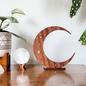 Wooden Crescent Moon and Stars Décor - 3 sizes Available - Stand Included - Wood Celestial Wall Art for Bedroom, Nursery, Office and More