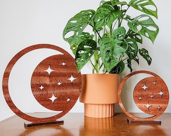 Wooden Moon and Stars Décor - 2 Size Options - Display Stand Included - Wood Celestial Boho Art for Bedroom, Nursery, Office