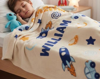 Personalized Kids Minky Blanket: Custom Name, Soft Minky, Baby Boy Blanket, Custom Rocket Blanket, Galaxy Nursery Decor, Space Baby Blanket