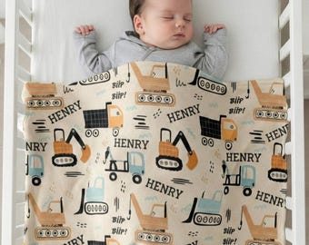 Personalized Kids Construction Blanket - Custom Name Printed - Minky Blanket - Personalized Kids Blanket with Name - Baby Blanket Truck