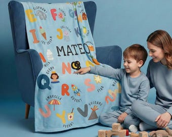 Custom Name Alphabet Blanket, Personalized ABC Baby Blanket, Educational Toddler Blanket, Unique Birthday Gift for Boy Girl Toddler Birthday