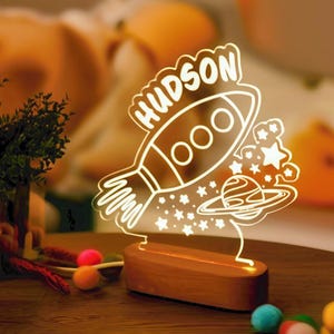 Personalized Night Light with Name, Birthday Gift for Boys, Bedroom Bedside LED, Space Astronaut Rocket Acrylic Lamp, Kids Nursery Decor