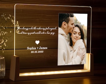 Custom Photo LED Night Light with Name and Date, Personalized Couple Gift for Anniversary, Wedding or Engagement, Christmas Gift for Her Him