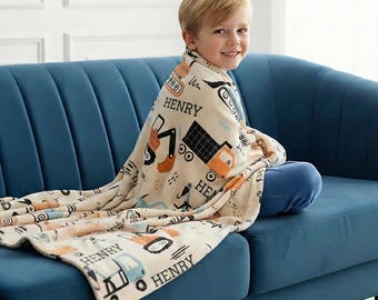Personalized Kids Construction Blanket - Custom Name Printed - Minky Blanket - Personalized Kids Blanket with Name - Baby Blanket Truck