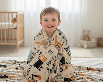 Personalized Kids Construction Blanket - Custom Name Printed - Minky Blanket - Personalized Kids Blanket with Name - Baby Blanket Truck