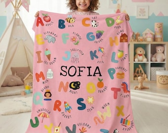 Custom Name Alphabet Blanket, Personalized ABC Baby Blanket, Educational Toddler Blanket, Unique Birthday Gift for Girl Boy Toddler Birthday
