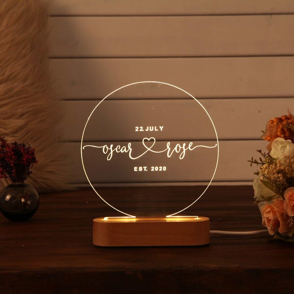 Luz de noche personalizada - Decoración del hogar - Ideas de regalos de boda - Regalo de compromiso - Regalo para recién casados - Recuerdos de boda - Regalo para él - Regalo para ella