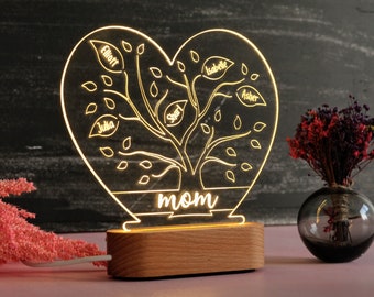 Mother's Day Gift Acrylic Night Light - Personalized Mom Birthday Gift Idea - Grandma Nana Mother in Love Gifts From - Mummy Gift for Kids