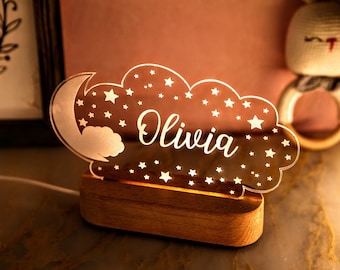 Luz de noche personalizada con luna y estrellas - Decoración para habitación infantil - Regalo para recién nacidos con nombre de niño y niña - Regalo para bebés y niños pequeños - Regalo para un bebé único