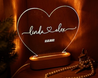 Luz de noche personalizada como regalo de San Valentín - Regalo romántico para pareja - Lámpara de corazón - Regalos de aniversario - Regalos de compromiso - Nombres y fecha