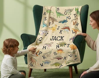 Personalized Dinosaur Blanket, Custom Name Kids Blanket, Dino Alphabet Blanket, Toddler Minky Blanket, Nursery Decor, Boy Baby Shower Gifts