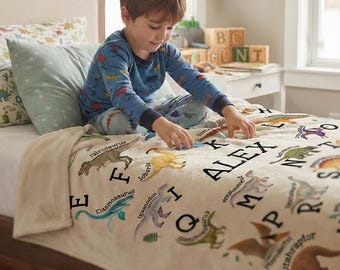 Personalized Alphabet Blanket, Dinos Minky Blanket, Newborn Boy Dinosaur Blanket, Baby Shower Gift, Newborn Nursery, Dino Nursery Kids Gift