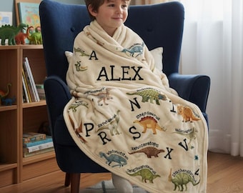 Personalized Dinosaur Blanket, Custom Name Kids Blanket, Dino Alphabet Blanket, Toddler Minky Blanket, Nursery Decor, Boy Baby Shower Gifts