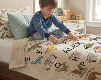 Personalized Dinosaur Blanket, Custom Name Kids Blanket, Dino Alphabet Blanket, Toddler Minky Blanket, Nursery Decor, Boy Baby Shower Gifts