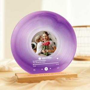 Personalized Vinyl Record Gift for Mom – Custom Photo and Song Plaque with Wooden Base – Mother’s Day Keepsake - Gift from Daughter to Mom