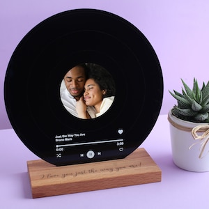 Personalized Vinyl with Wooden Stand - Personalized Record with Your Photo as Valentines Day Gift - Custom Song Plaque as Anniversary Gift