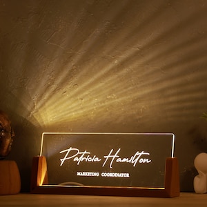 Led Desk Name Plate - Custom Office Desk Accessories - Personalized Nameplate with Wooden Base - Corporate Gifts - New Job Promotion Gift