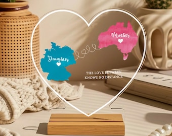 Mors dag-present för långdistans - Present till mamma från dotter - Anpassad akrylplakett med två kartor - Mammas födelsedagspresent - Presentidéer för mors dag
