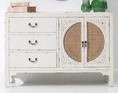 ARTHUR Buffet or sideboard cabinet with 3 drawers and 2 doors, in wood and natural wicker with a rough finish.