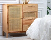 BELLA support cabinet, bar cabinet, in Paulownia wood and wicker with elegant handles in mate golden metal.