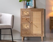 SOFIA Sideboard or support cabinet, bar cabinet in oak wood and wicker with 4 beautiful drawers.