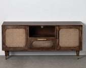 THOMAS Tv Stand in Pine wood, Rattan and metal, 2 doors and 1 drawer.