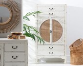 ARTHUR Cabinet with 4 drawers and two doors, made of fir wood and rattan. Rough paint finish.