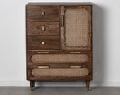 THOMAS Buffet cabinet in Pine wood, Rattan and metal .1 doors, 5 drawers and a shelf.
